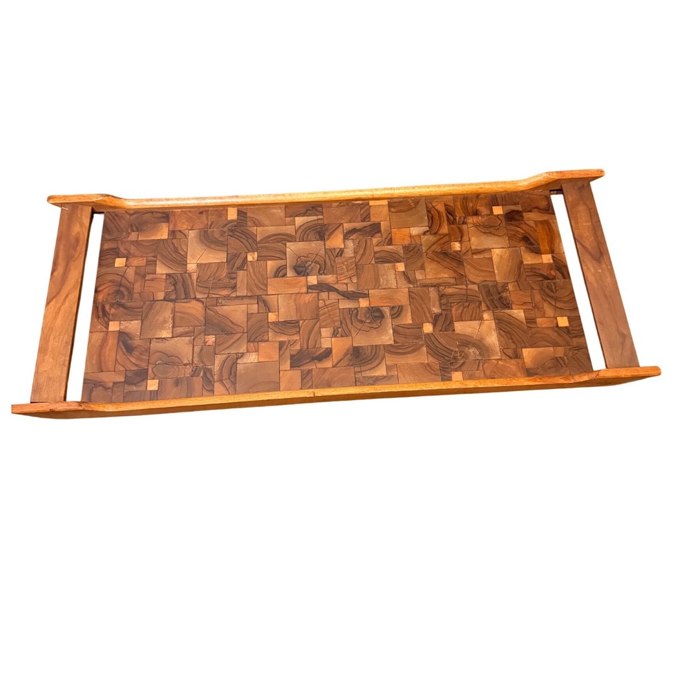 Vintage Israel Olive Wood Serving Tray End Grain Butcher Block Mosaic MCM  60s